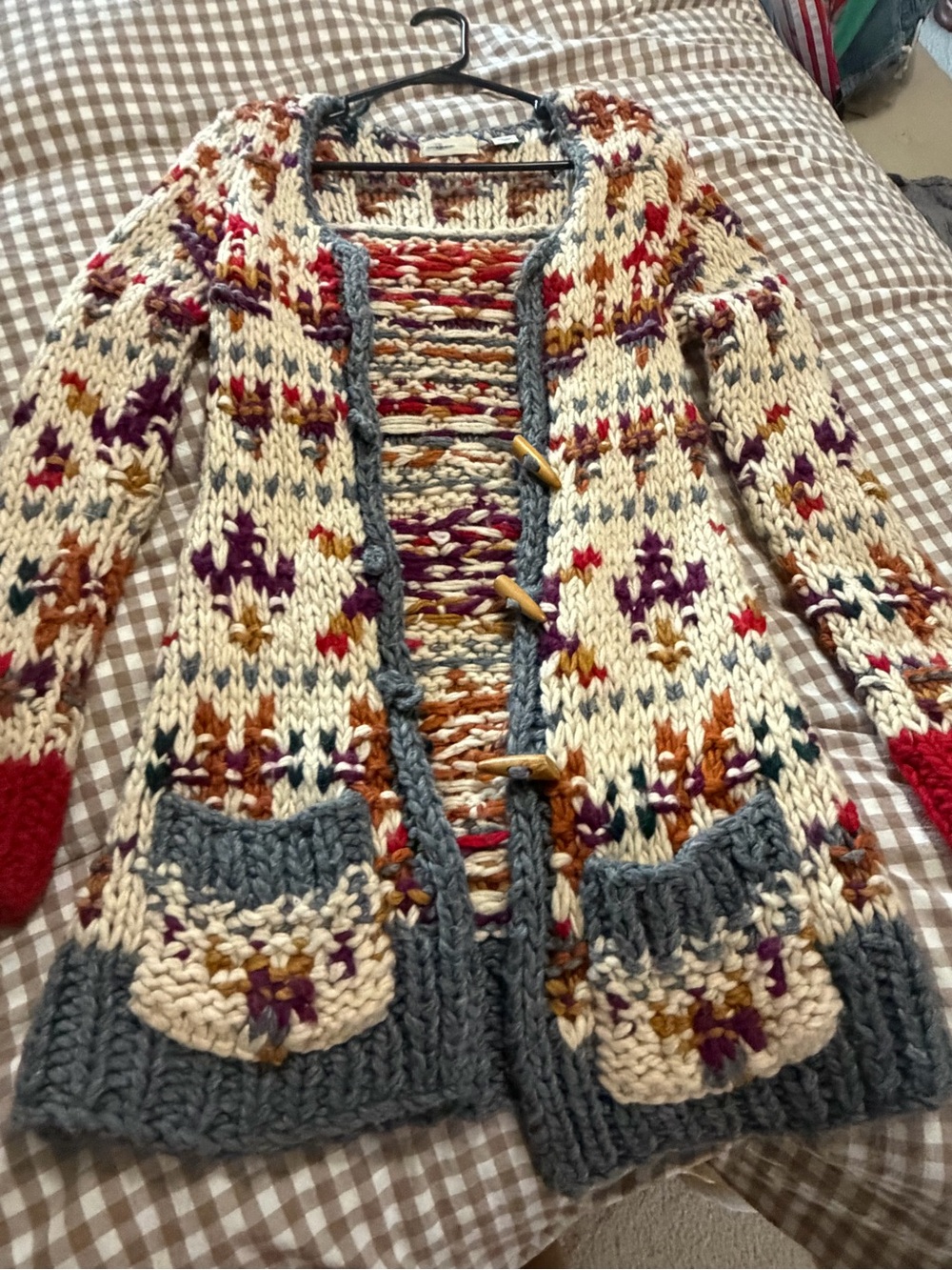 Anthropologie Chunky Cream Fair Isle Cardigan Sweater with Gray Trim